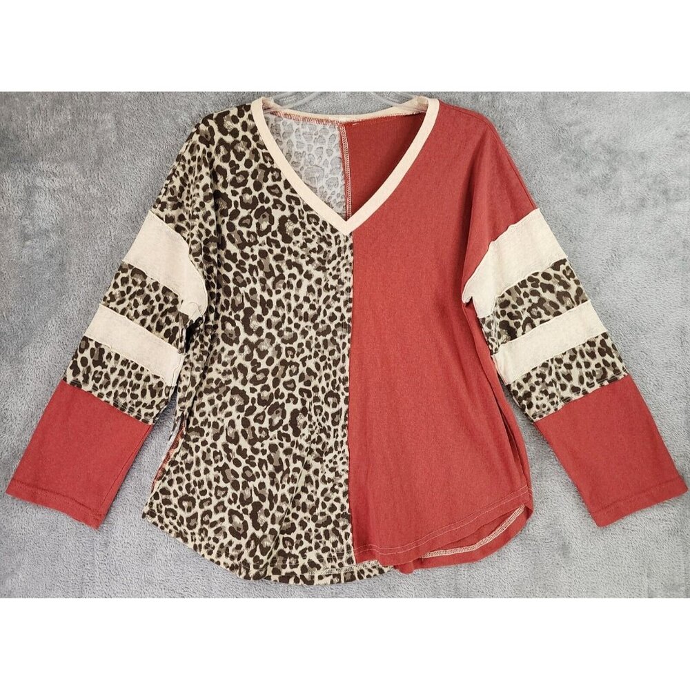 Jodifl Shirt Womens Small Leopard Print Color Block Casual Mom Long Sleeve Top